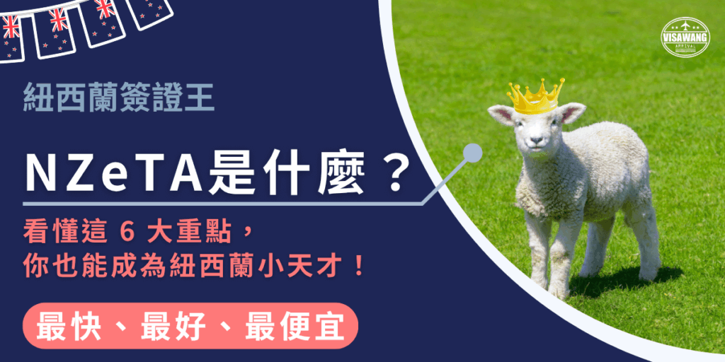 圖片以深藍背景搭配明亮粉橘字體呈現主題「NZeTA是什麼?」右側是一隻戴著金色皇冠、站在綠草地上的可愛綿羊,象徵紐西蘭的代表動物。左上角標示「紐西蘭簽證王」品牌識別,下方以醒目字體強調「看懂這6大重點,你也能成為紐西蘭小天才!」及「最快、最好、最便宜」。整體風格俏皮又具資訊性,強調NZeTA電子旅行授權的重要性與申辦便利。