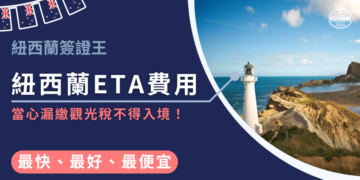 版面以深藍為主色，左側文字區塊寫有「紐西蘭ETA費用」與「當心漏繳觀光稅不得入境！」，下方以粉橘色膠囊標示「最快、最好、最便宜」。右側為紐西蘭海岸燈塔與沙岸景色的照片，天空晴朗、海面延伸至遠方。左上角掛有紐澳旗幟小旗串與「紐西蘭簽證王」品牌元素，整體強調辦理ETA同時需留意IVL觀光稅與相關費用。