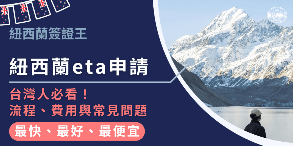 圖片左側以藍底文字強調「紐西蘭eta申請,台灣人必看!」,並點出流程、費用與常見問題。右側搭配雪山與湖泊景色,前景是一名旅人望向遠方雪山,呈現旅遊氛圍。整體視覺凸顯紐西蘭簽證王快速、便宜的代辦特色,吸引準備出國的讀者注意。
