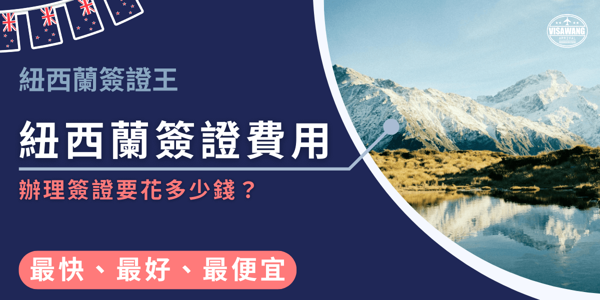 圖片左側以深藍背景搭配醒目的白色文字呈現「紐西蘭簽證費用」主題，下方加入詢問式的「辦理簽證要花多少錢？」增加讀者興趣。右側為紐西蘭雪山與湖泊的自然風景，畫面中可見白雪覆蓋的山峰與倒映在湖面的金色草原，營造出清冷、寧靜的視覺效果。整體構圖讓資訊與風景相互平衡，是常用於簽證文章封面的設計。