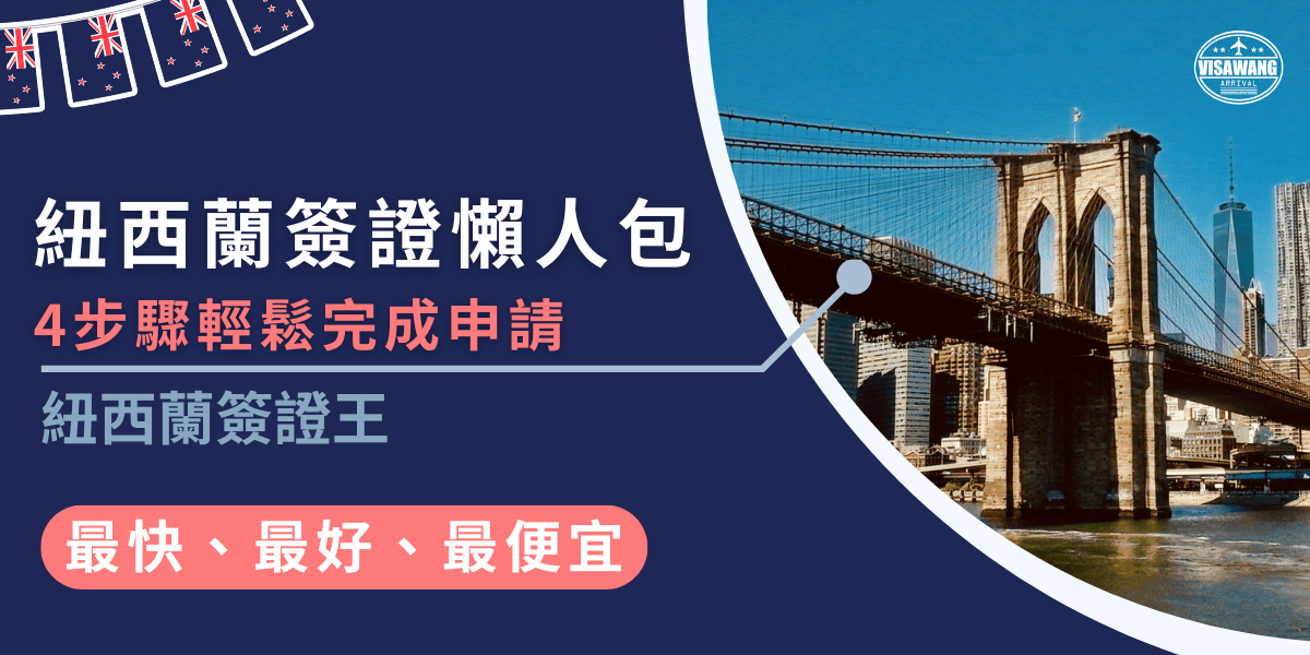 圖片左側以深藍底色搭配文字「紐西蘭簽證懶人包，4步驟輕鬆完成申請」，並強調「最快、最好、最便宜」。右側則放置經典橋樑與城市景觀的照片，呈現旅遊意象。整體設計強調代辦簽證快速便利，適合想要簡單了解紐西蘭簽證流程的讀者。