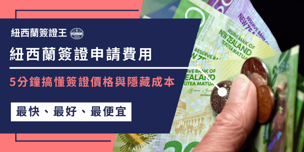 圖片左側以深藍色區塊凸顯主題文字「紐西蘭簽證申請費用」，副標題寫著「5分鐘搞懂簽證價格與隱藏成本」，強調快速掌握重點。右側背景為紐西蘭紙幣與硬幣的特寫，呼應費用主題。底部標語「最快、最好、最便宜」凸顯簽證王的服務優勢。整體設計專業清晰，直觀傳達費用解析的重點，非常適合用於介紹紐西蘭簽證費用文章的封面。