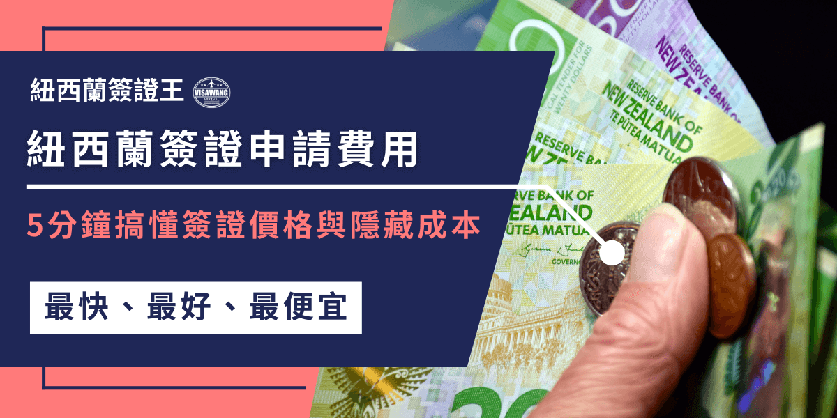 圖片左側以深藍色區塊凸顯主題文字「紐西蘭簽證申請費用」，副標題寫著「5分鐘搞懂簽證價格與隱藏成本」，強調快速掌握重點。右側背景為紐西蘭紙幣與硬幣的特寫，呼應費用主題。底部標語「最快、最好、最便宜」凸顯簽證王的服務優勢。整體設計專業清晰，直觀傳達費用解析的重點，非常適合用於介紹紐西蘭簽證費用文章的封面。