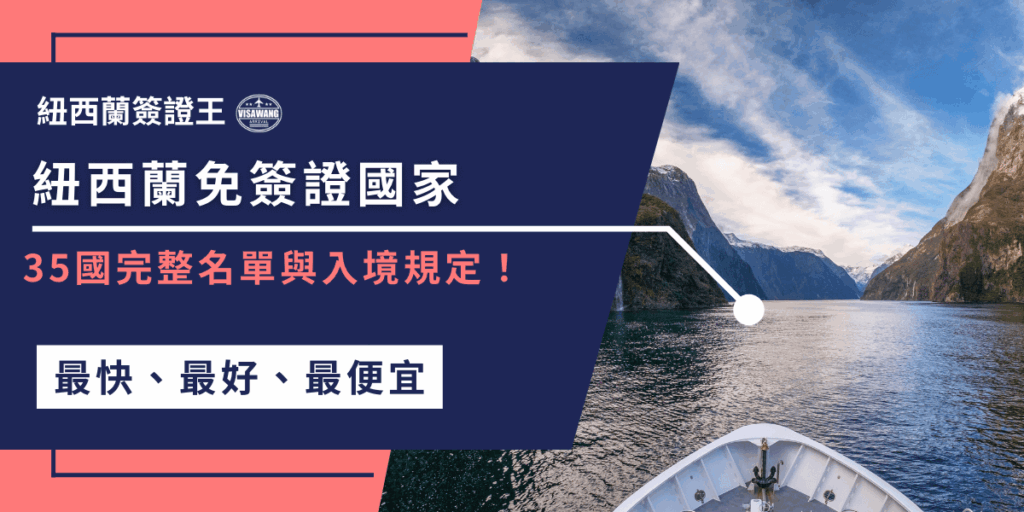 圖面左側以深藍與粉紅色區塊搭配，標題寫著「紐西蘭免簽證國家」，副標強調「35國完整名單與入境規定」，凸顯資訊完整性。右側背景是壯麗的峽灣風景，呈現紐西蘭自然特色。下方「最快、最好、最便宜」凸顯簽證代辦的優勢，營造專業可信賴的形象。