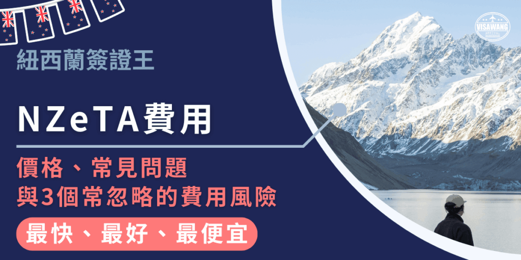 圖片左側深藍底文字區塊標示「NZeTA費用」,副標題清楚點出「價格、常見問題與3個常忽略的費用風險」,凸顯文章重點。右側則是雪山與湖泊的壯麗景色,一名旅人背對鏡頭凝望山景,傳達出即將啟程的氛圍。底部紅色標語「最快、最好、最便宜」突顯簽證王的服務優勢。整體設計直觀,能快速引導讀者理解這篇文章聚焦於NZeTA申請的費用解析。
