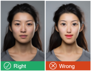 此圖片對比正確與錯誤的簽證照片範例,左側標示「Right」為自然未修圖照片,右側標示「Wrong」為AI或過度修圖導致臉部比例失真與膚色不自然,示範申請NZeTA時不應使用AI修改影像。