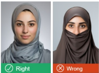 此圖片對比正確與錯誤的頭巾佩戴範例,左側人物露出完整臉部輪廓、符合宗教服飾規範,右側因遮住口鼻不符簽證照片要求,說明宗教配件可保留但不得遮蔽臉部特徵。