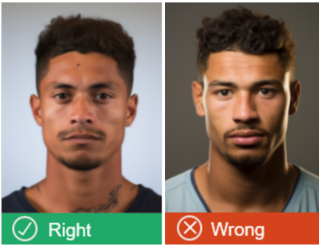 此圖片顯示光線條件錯誤的照片對比,左側光線均勻且臉部清晰,右側因曝光過度或光線偏暗導致臉部陰影與色偏,說明申請照片需均勻自然光。