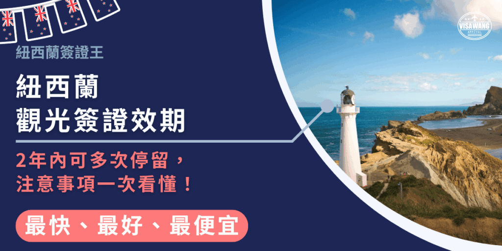 這張圖片為紐西蘭簽證王設計的宣傳封面,主題為「紐西蘭觀光簽證效期」。左側以深藍底搭配粉紅重點字體,強調「2年內可多次停留,注意事項一次看懂」,右側為紐西蘭著名的Castle Point燈塔與海岸風光,象徵自由旅行與悠閒假期。整體設計乾淨俐落,結合品牌標語「最快、最好、最便宜」,傳達專業又親切的代辦形象,讓讀者一眼掌握簽證資訊重點。