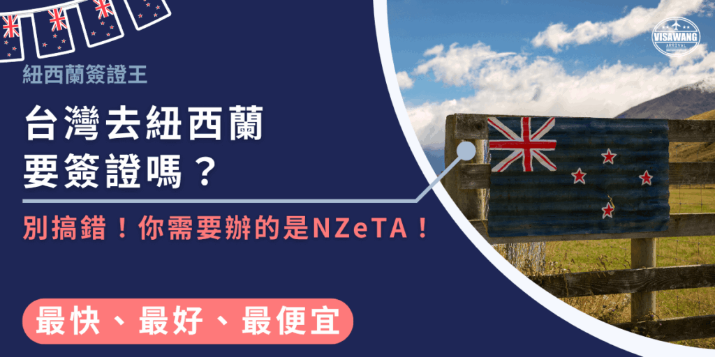 圖片以深藍色為主視覺,右側拍攝紐西蘭鄉間圍欄上掛著的國旗,象徵當地純淨自然的風光。左側文字寫著「台灣去紐西蘭要簽證嗎?別搞錯!你需要辦的是NZeTA!」並搭配紅色強調字,呈現醒目的提醒效果。下方標語「最快、最好、最便宜」凸顯紐西蘭簽證王的代辦服務優勢,整體風格專業又親切,適合用於NZeTA教學或簽證指南封面。