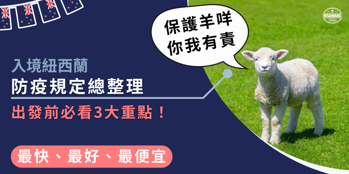 此圖片以紐西蘭入境防疫規定為主題，左側以深藍背景呈現「防疫規定總整理」與「出發前必看3大重點」等文字重點，採用粉橘與白色字體提升可讀性。右側為一隻站在綠色草地上的小羊，象徵紐西蘭農牧生態的重要性，並搭配對話框「保護羊咩你我有責」，以輕鬆幽默的方式凸顯入境檢疫的重要提醒。整體風格親切活潑，適用於宣導紐西蘭邊境規定或旅遊注意事項的視覺素材。