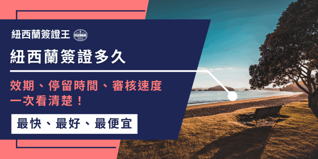 這張圖片以深藍與珊瑚粉為主要配色,搭配紐西蘭海灘的夕陽實景,營造專業又友善的資訊氛圍。左側區塊以醒目的大標題呈現「紐西蘭簽證多久」,並附上效期、停留時間與審核速度等重點提示,讓讀者一眼掌握主題內容。右側的海邊景色象徵旅遊自由與簽證核准後的愉快行程。整體風格適合用於說明紐西蘭簽證效期、停留規定、申請時間等主題的文章封面或素材使用。