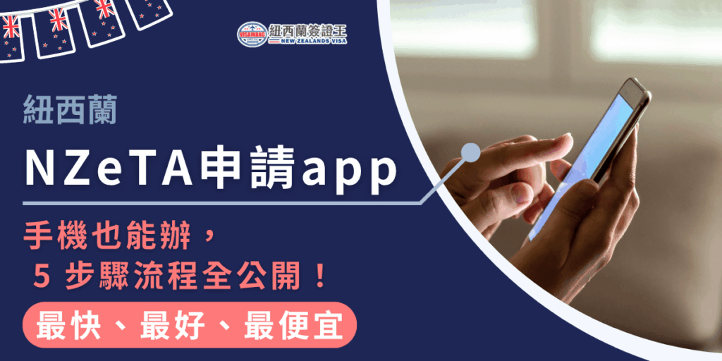 圖片主題為「紐西蘭NZeTA申請app」,以深藍與珊瑚紅為主色調,左側放置「紐西蘭簽證王」品牌Logo與主標語「手機也能辦,5步驟流程全公開!」。右側畫面為一隻手持手機操作畫面,象徵可透過行動裝置輕鬆完成電子旅行授權(NZeTA)申請。下方橘紅色文字強調「最快、最好、最便宜」,展現行動化申請的效率與便利性。整體風格專業清晰,適合用作教學文章或宣傳首圖。