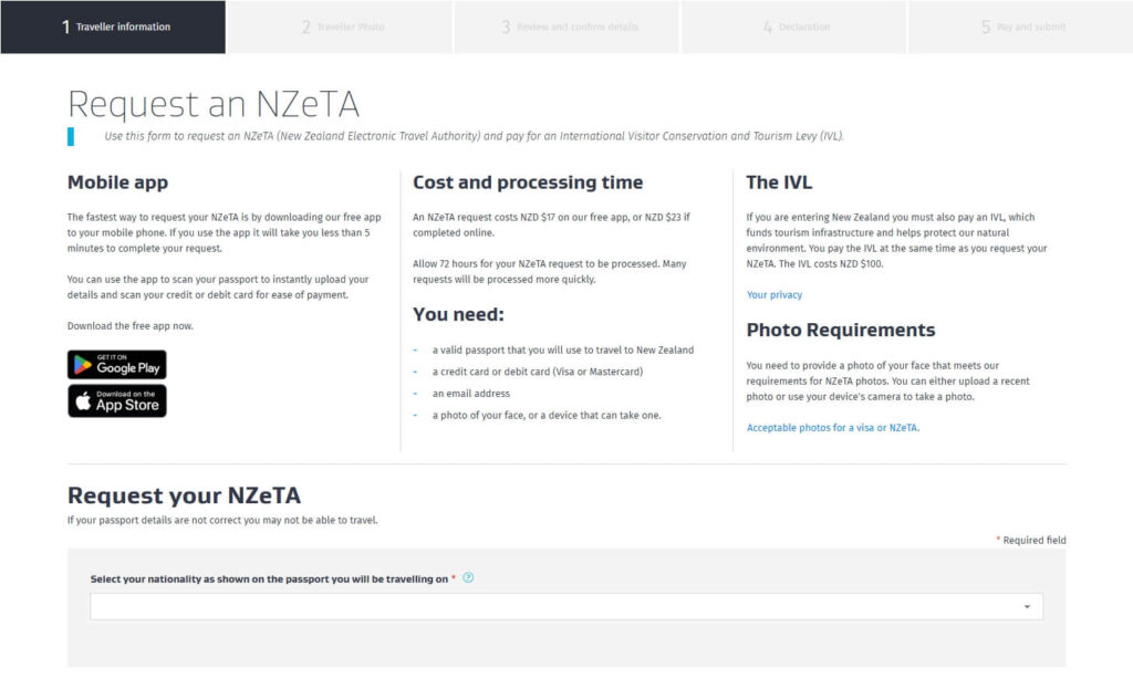 開啟頁面「Request an NZeTA」,說明費用(APP NZD17、網頁 NZD23)與需備文件。