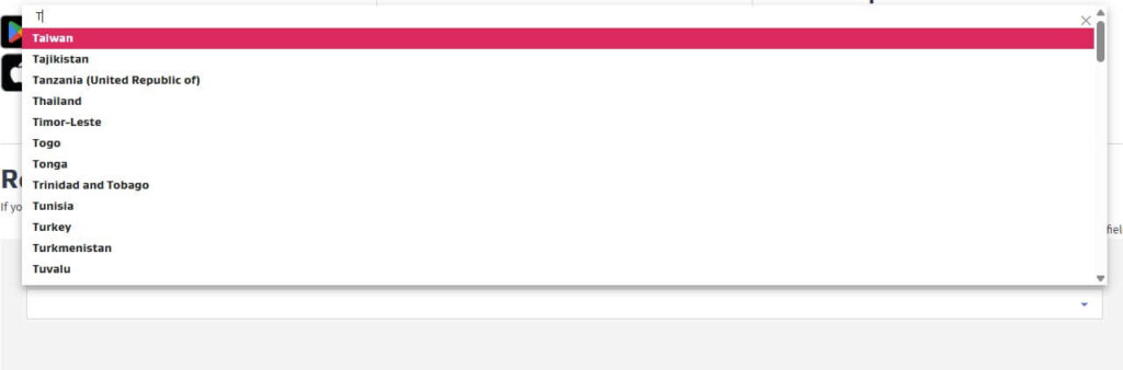 搜尋並選擇「Taiwan」作為國籍。