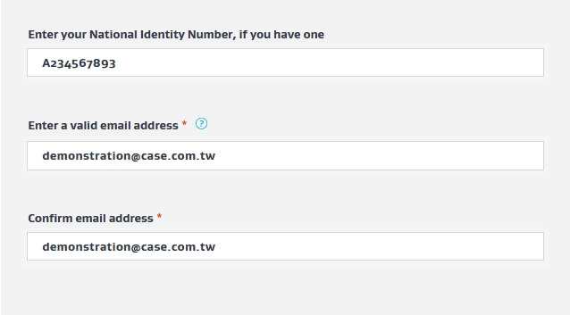 輸入身分證統一編號(A234567893)與電子信箱。