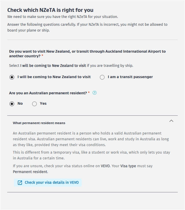 選擇旅遊目的(Visit New Zealand)與回答健康、犯罪紀錄等相關問題。