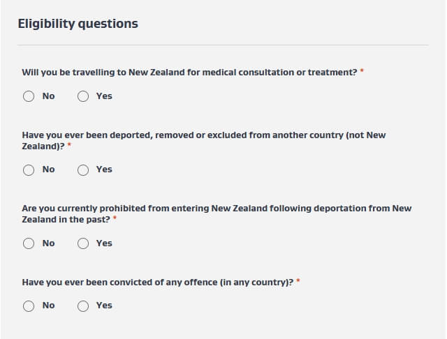 選擇旅遊目的(Visit New Zealand)與回答健康、犯罪紀錄等相關問題。