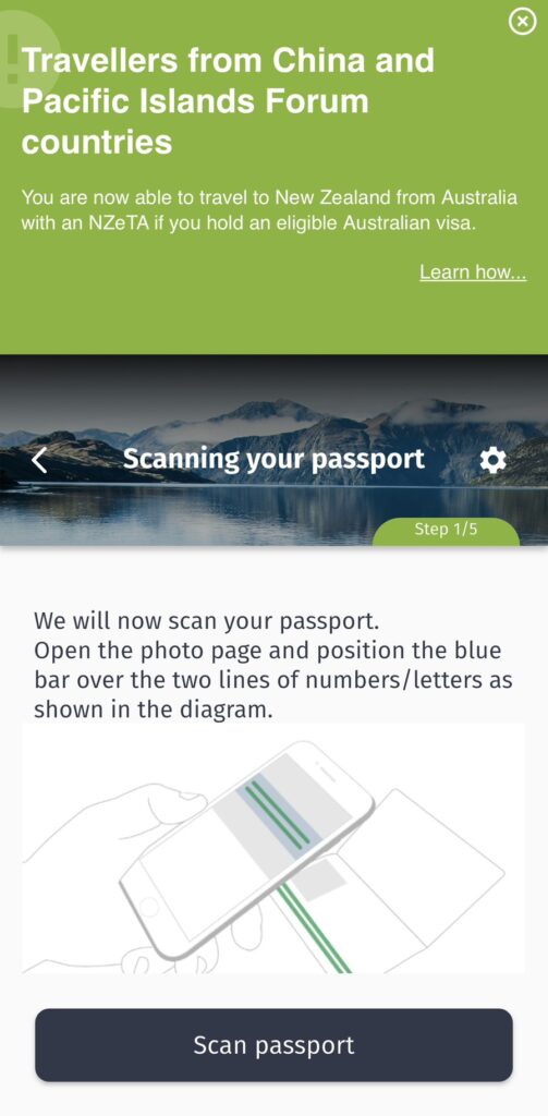 畫面中顯示NZeTA App的「Scanning your passport」頁面,背景為紐西蘭湖光山色。系統提示使用者開啟護照照片頁,將手機上的藍色掃描條對準護照下方的兩行機讀碼(MRZ)。此步驟用於自動辨識個人資料,確保輸入正確無誤。