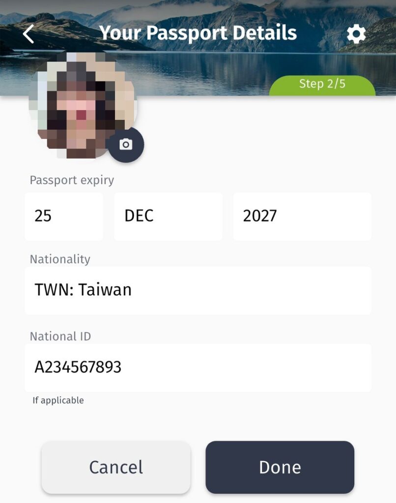 畫面顯示護照資訊的編輯介面,標註「Step 2/5」。申請人可在欄位中修正護照到期日、國籍與身分證號(National ID)。上方同樣顯示個人頭像縮圖,底部為「Cancel」與「Done」按鈕。此畫面用於修正掃描辨識錯誤或補充缺漏資訊,以確保資料準確無誤後進入下一步。