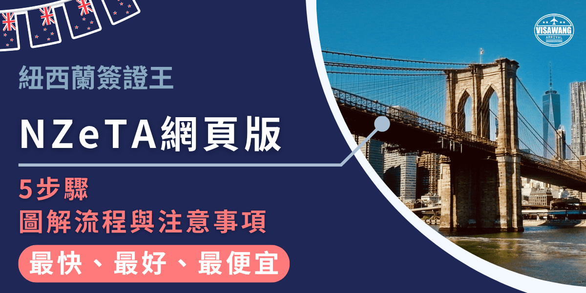 此圖片為「紐西蘭簽證王」製作的教學封面，主題為「NZeTA網頁版5步驟圖解流程與注意事項」，主色為深藍搭配珊瑚紅，右側配有橋樑與城市背景，象徵旅程與連結。整體設計強調「最快、最好、最便宜」三大特色，用於簽證申請教學文章或社群封面視覺。