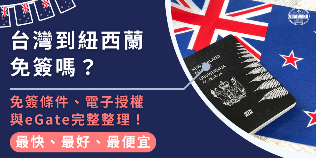 圖片左側以深藍色背景搭配白字，呈現「台灣到紐西蘭免簽嗎？」的主題標語，下方以粉色字體補充免簽條件、電子授權與 eGate 等重點資訊。右側畫面展示一份紐西蘭護照置於紐西蘭國旗之上，黑色護照封面與銀蕨圖騰細節清晰可見，象徵紐西蘭官方識別。整張圖片色調一致、主題明確，適合用於說明紐西蘭免簽入境規定與旅遊文件資訊。