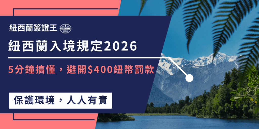 圖片左側以深藍與粉橘色塊呈現醒目的文字資訊，標示「紐西蘭入境規定2026」、「5分鐘搞懂，避免$400紐幣罰款」與「保護環境，人人有責」。右側畫面則展現紐西蘭典型的自然景觀：雪白山峰、湖泊倒影與蕨類植物，象徵純淨自然與環境保護的重要性。整體構圖結合資訊性與視覺吸引力，非常適合作為紐西蘭入境規定與旅遊提醒文章的封面圖。